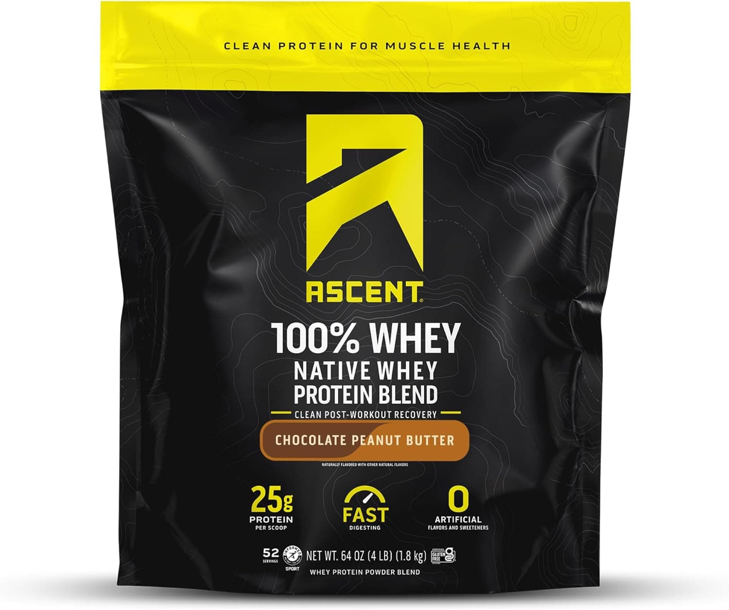 Ascent 100% Whey Protein Powder - Post Workout Whey Protein Isolate, Zero Artificial Flavors & Sweeteners, Gluten Free, 5.5g BCAA, 2.6g Leucine, Essential Amino Acids, Chocolate Peanut Butter 4 lb