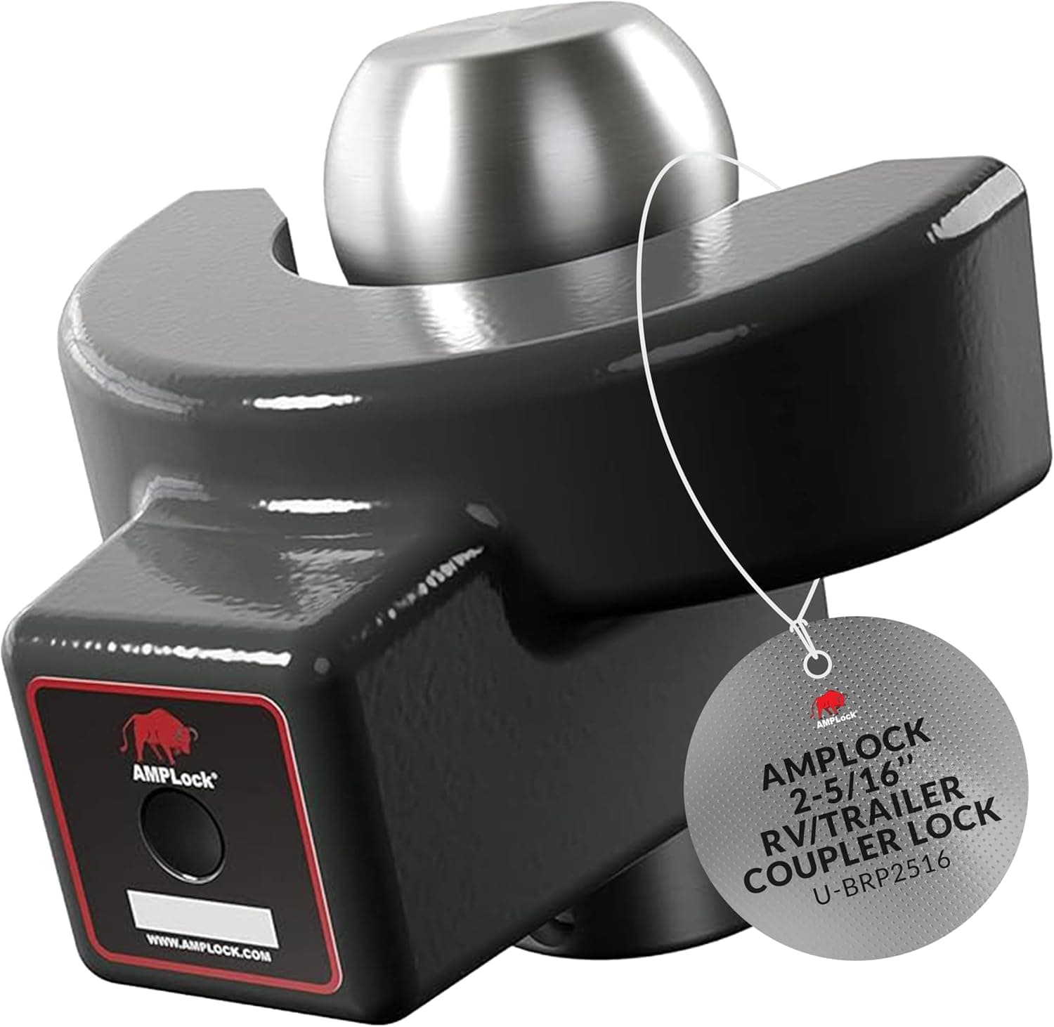 AMPLock - U-BRP2516 Heavy Duty Trailer Coupler Lock 2 5/16, RV & Trailer Hitch Lock, Straight Lip Trailer Ball Lock, Travel Trailer Accessories, Anti Theft for Trailers & RV with Push & Lock System