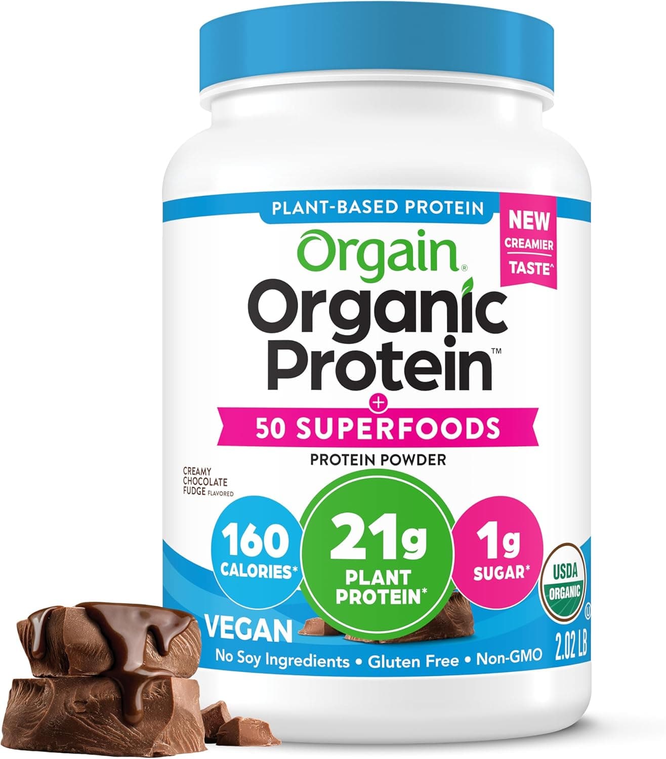 Orgain Organic Vegan Protein + 50 Superfoods Powder, Creamy Chocolate Fudge - 21g Plant Based Protein, 9g Prebiotic Fiber, No Lactose, Gluten Free, No Added Sugar, 2.02 lb (Packaging May Vary)