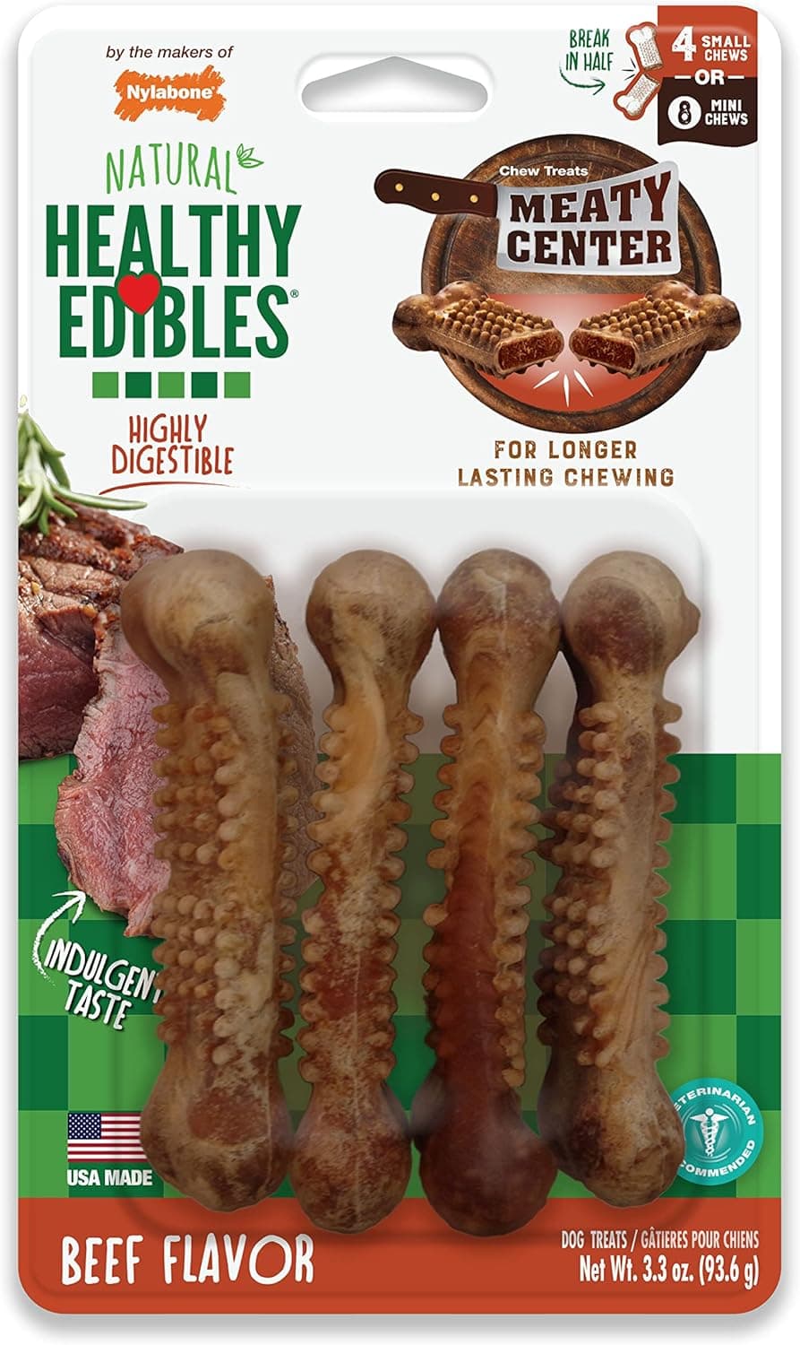 Nylabone Healthy Edibles Natural Dog Chews Long Lasting Chew Treats for Dogs, Roast Beef Flavor, X-Small/Petite (4 Count)
